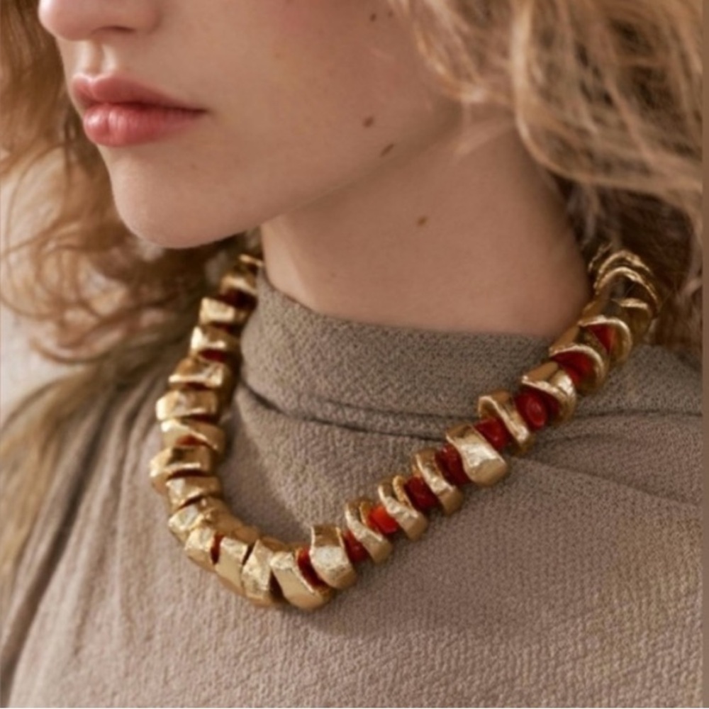 Zara Mixed Stone Necklace - Gold and Coral Red Statement Necklace NWOT - Picture 3 of 11